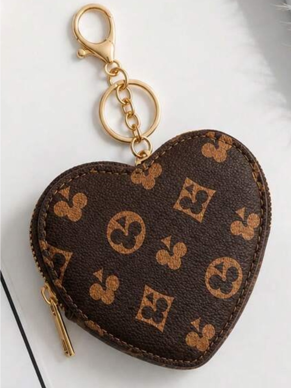 Heart-Shaped Brown Monogram Coin Pouch Keychain brand new